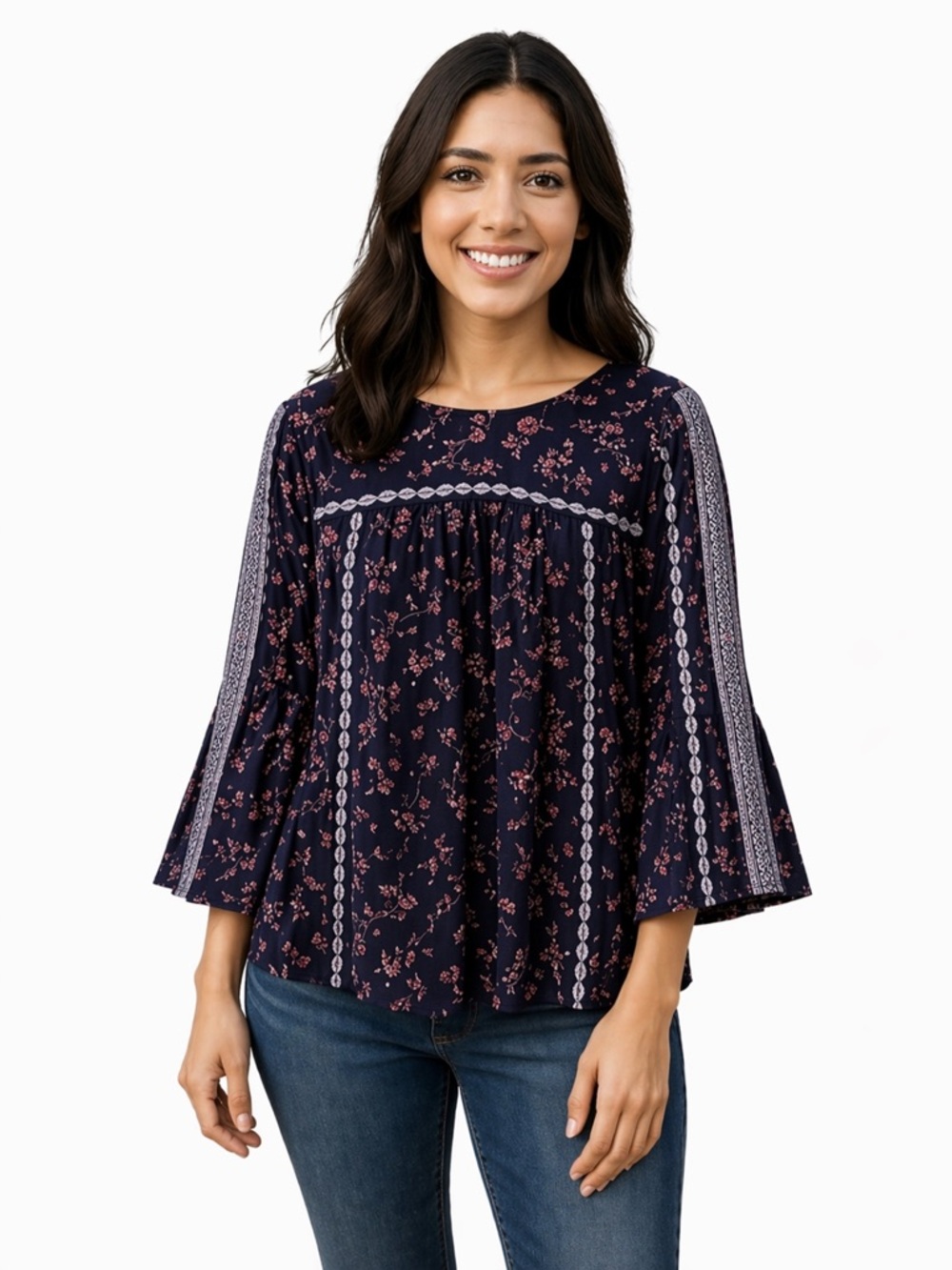 J. Jill Calico Floral Print 3/4 Sleeve Flowy Boho Peasant Top in Indigo XS